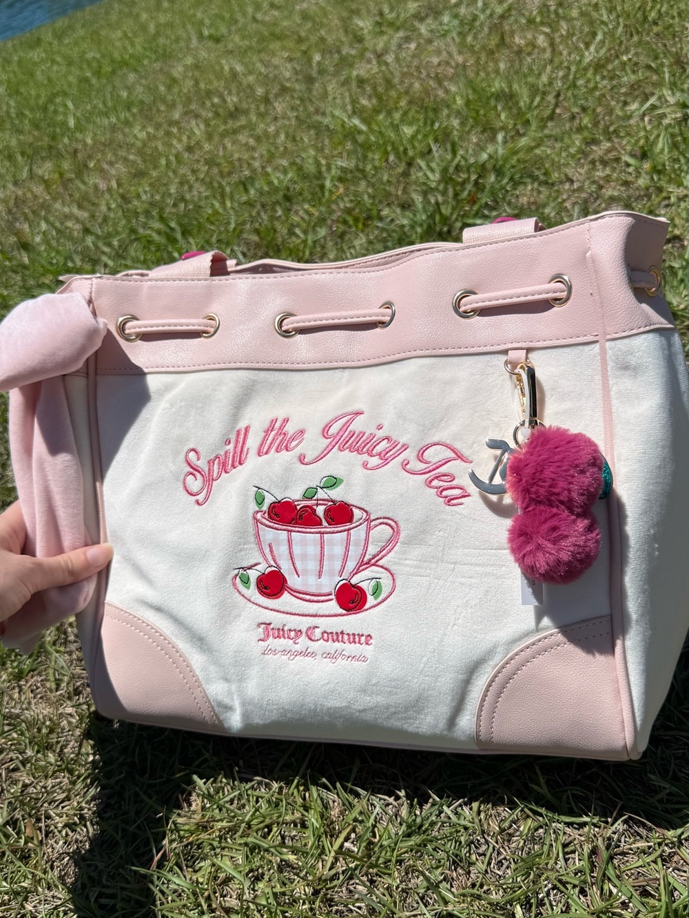 Juicy Couture Spill The Juicy Tea Cherry Tote Bag Pink Cream Shopper New